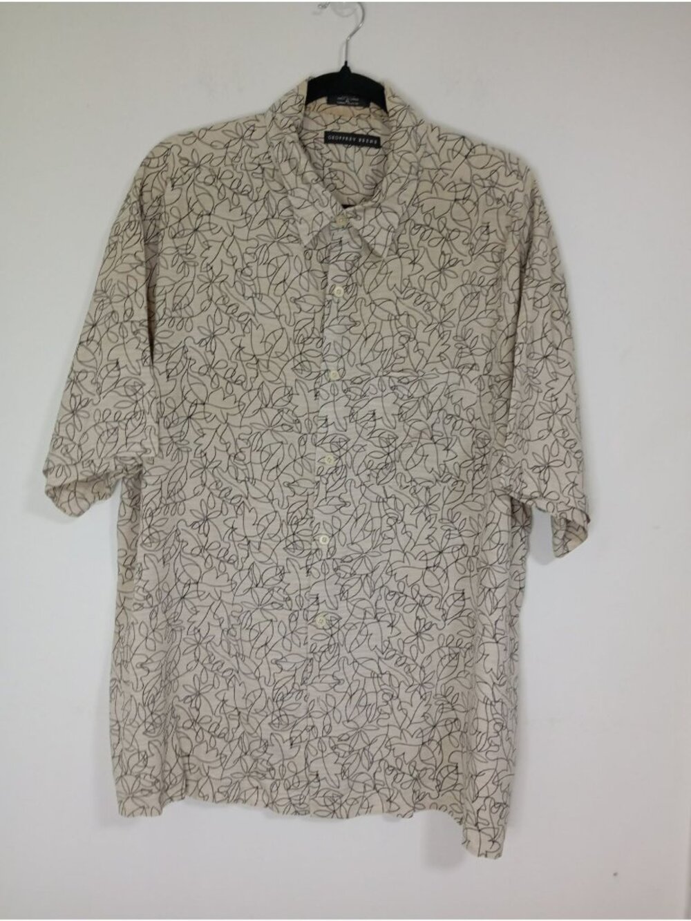 Geoffrey Beene Mens Beige Black Floral Short Sleeve Button-Up Silk Shirt Size XL
